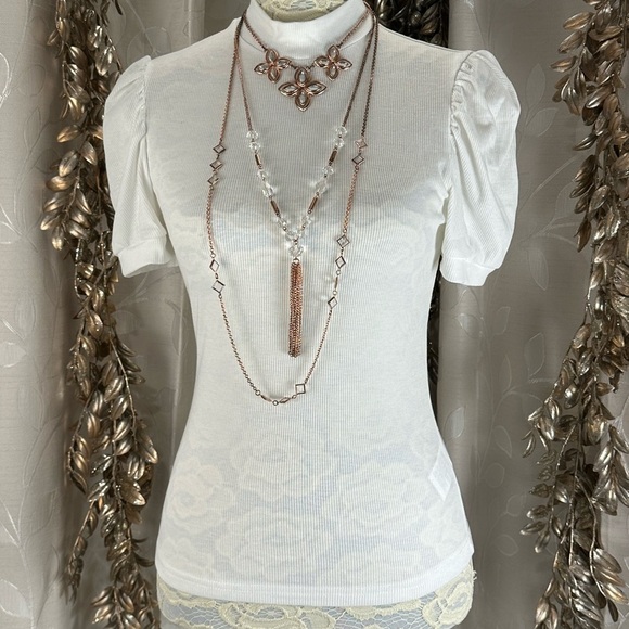 Floerns White Puff Sleeve Mock Neck Ribbed Top - Medium Layering Essential Basic - Picture 12 of 13